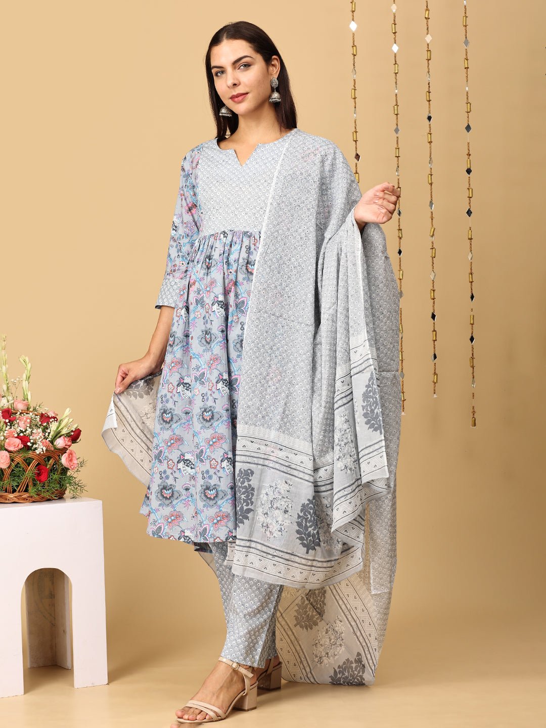 Koyla Grey Maternity and Nursing Kurta Set With Dupatta - MEW - SK - KOYG - S