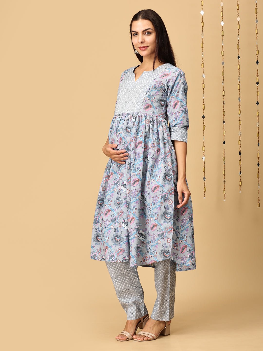 Koyla Grey Maternity and Nursing Kurta Set With Dupatta - MEW - SK - KOYG - S