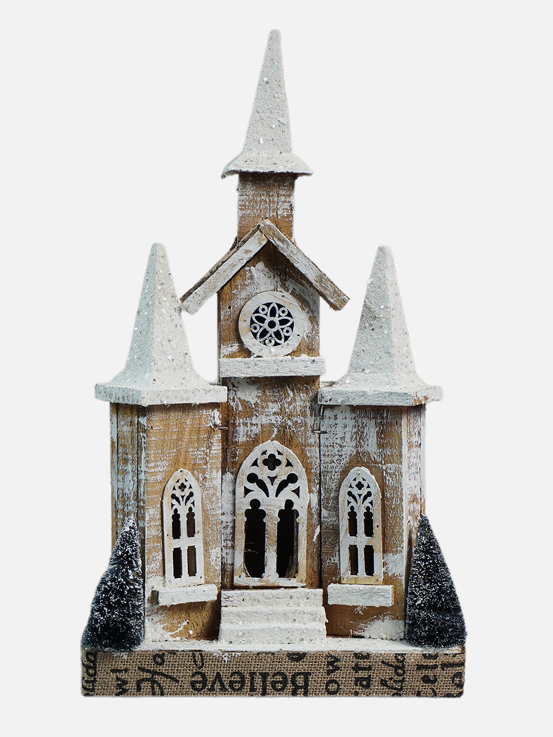 Little Surprise Box, Snow Dusted Wooden Church Christmas Table Decor