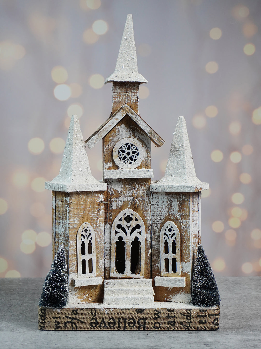 Little Surprise Box, Snow Dusted Wooden Church Christmas Table Decor