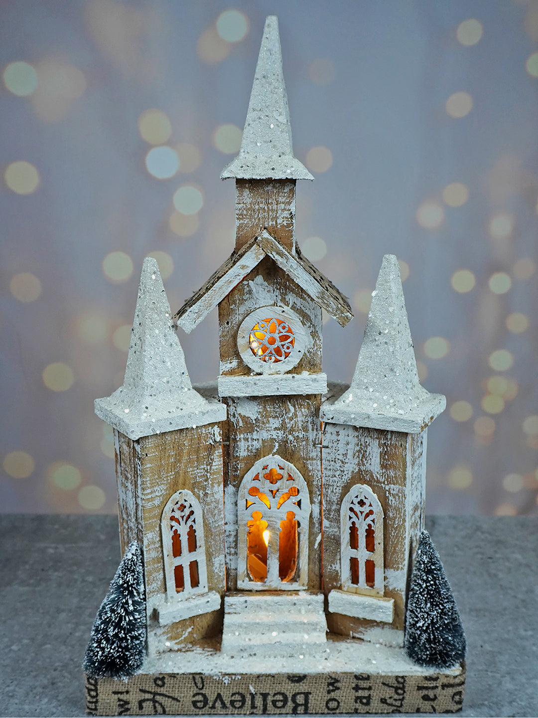 Little Surprise Box, Snow Dusted Wooden Church Christmas Table Decor