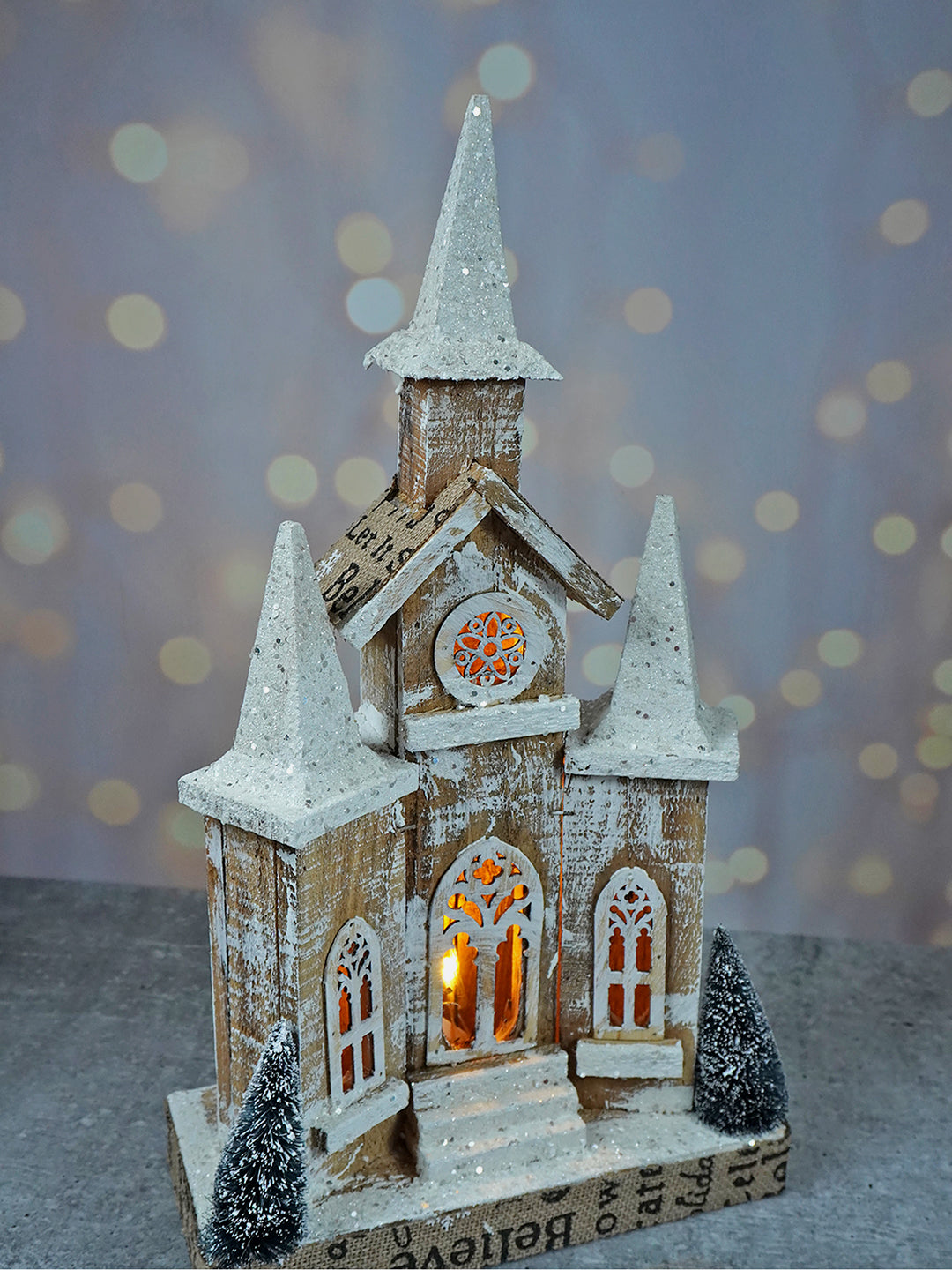 Little Surprise Box, Snow Dusted Wooden Church Christmas Table Decor