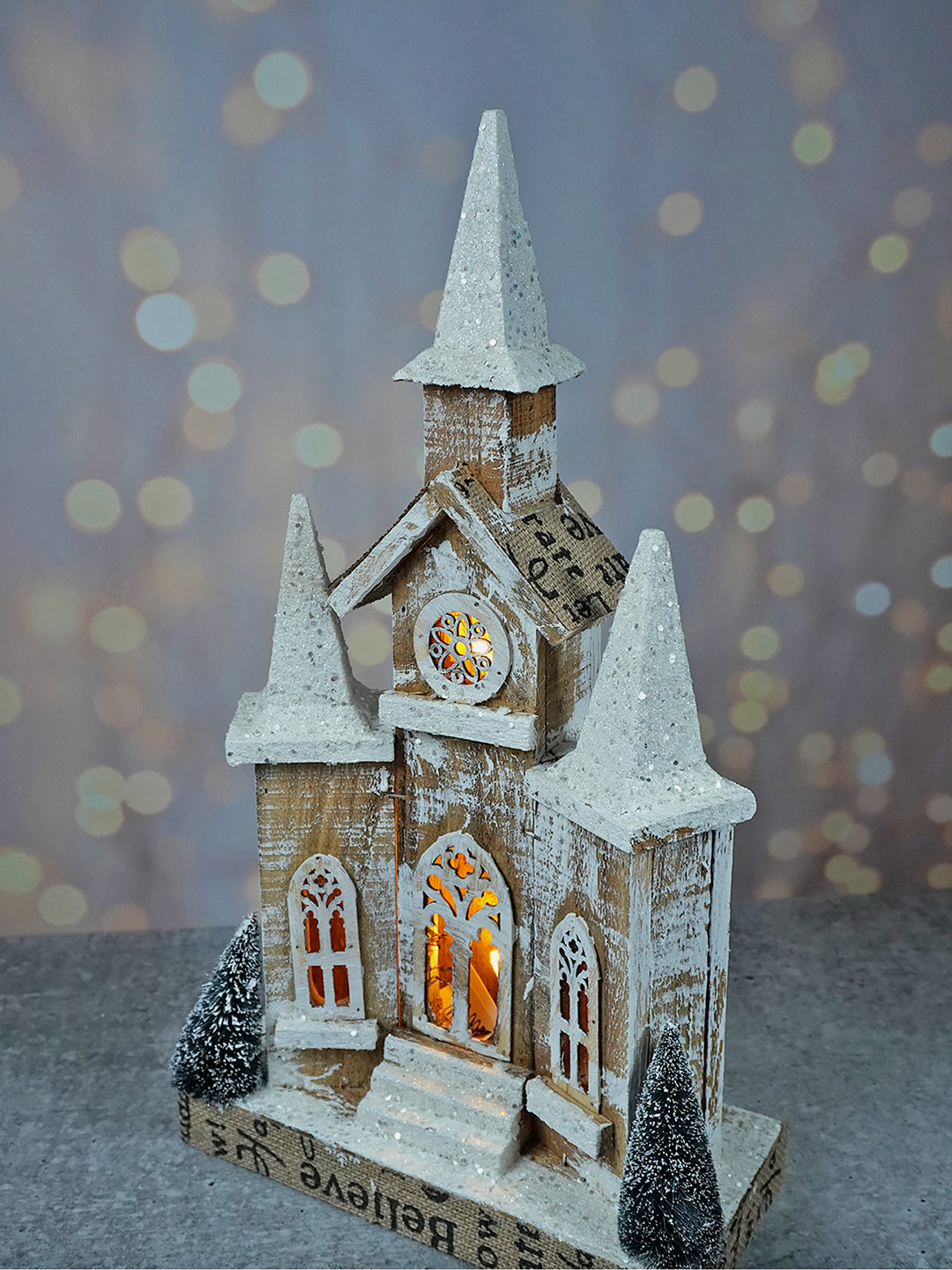 Little Surprise Box, Snow Dusted Wooden Church Christmas Table Decor