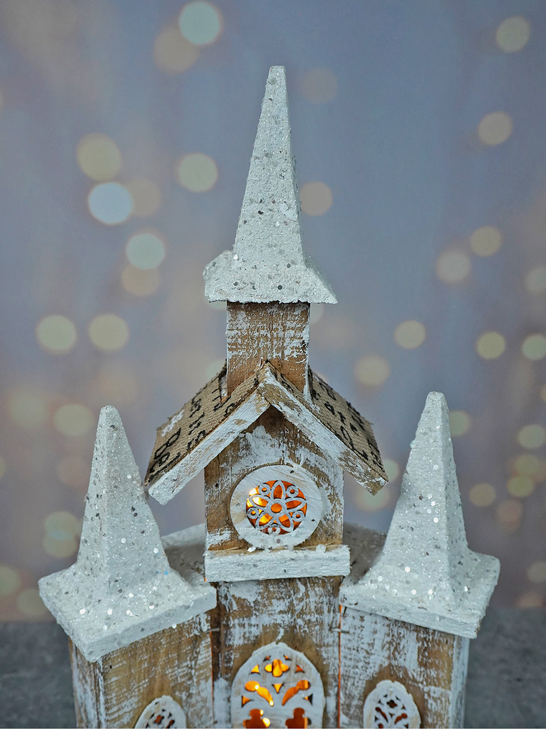 Little Surprise Box, Snow Dusted Wooden Church Christmas Table Decor