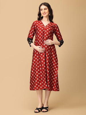 Laal - e - Nazakat Silk Foil Printed Maternity and Nursing Dress - MEW - SK - LALEN - S