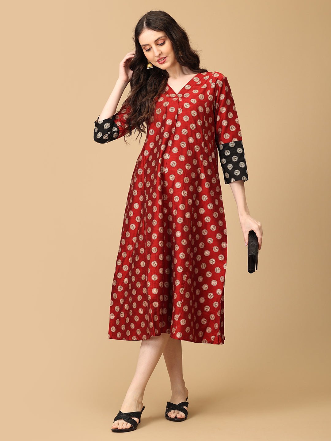Laal - e - Nazakat Silk Foil Printed Maternity and Nursing Dress - MEW - SK - LALEN - S