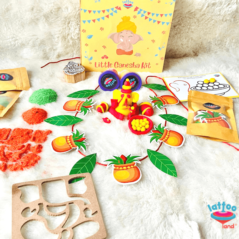 LattooLand Ganesha Kit - Set of dough tubs, Stamp, Stencil, Rangoli Powder, Toran making kit - GANESHA_T