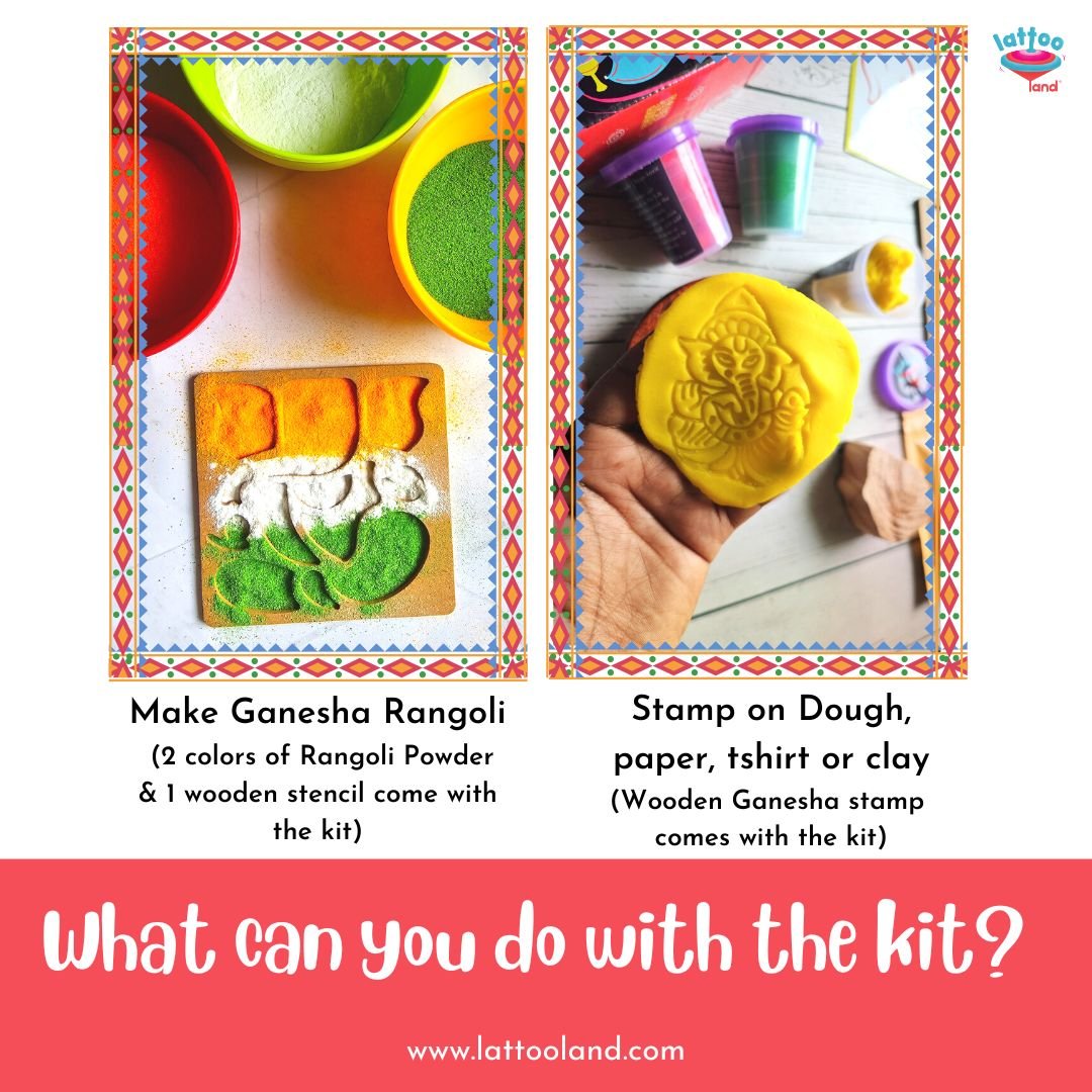 LattooLand Ganesha Kit - Set of dough tubs, Stamp, Stencil, Rangoli Powder, Toran making kit - GANESHA_T