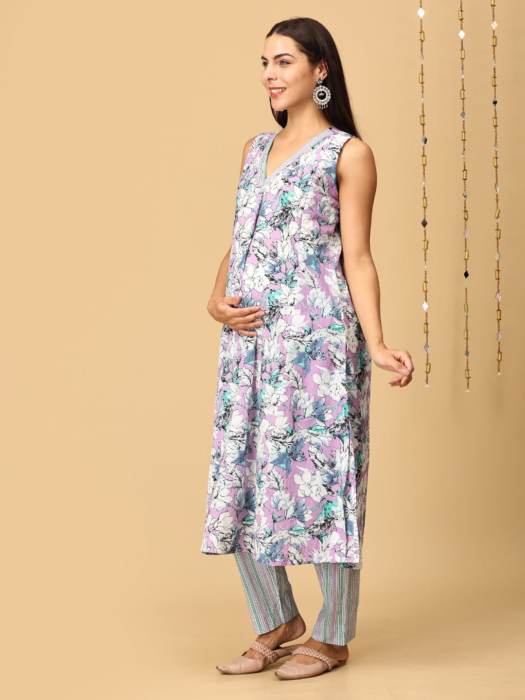 Lavender Dusk Maternity and Nursing Sleeveles Kurta Set With Dupatta - MEW - SK - LVDS - S