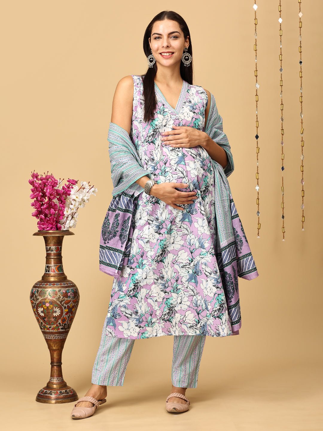 Lavender Dusk Maternity and Nursing Sleeveles Kurta Set With Dupatta - MEW - SK - LVDS - S