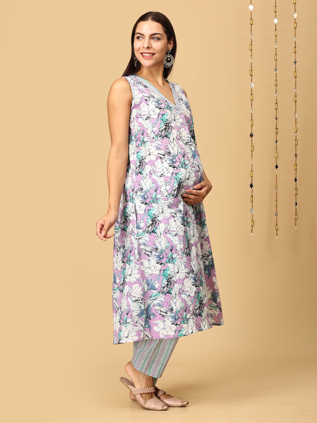 Lavender Dusk Maternity and Nursing Sleeveles Kurta Set With Dupatta - MEW - SK - LVDS - S