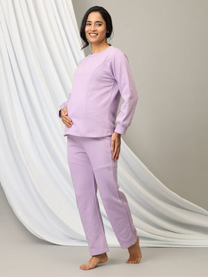 Pregnant lady wearing Lavender Lush Maternity and Nursing Pajama Loungewear Set from the Mom store