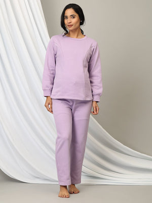 Pregnant lady wearing Lavender Lush Maternity and Nursing Pajama Loungewear Set from the Mom store 