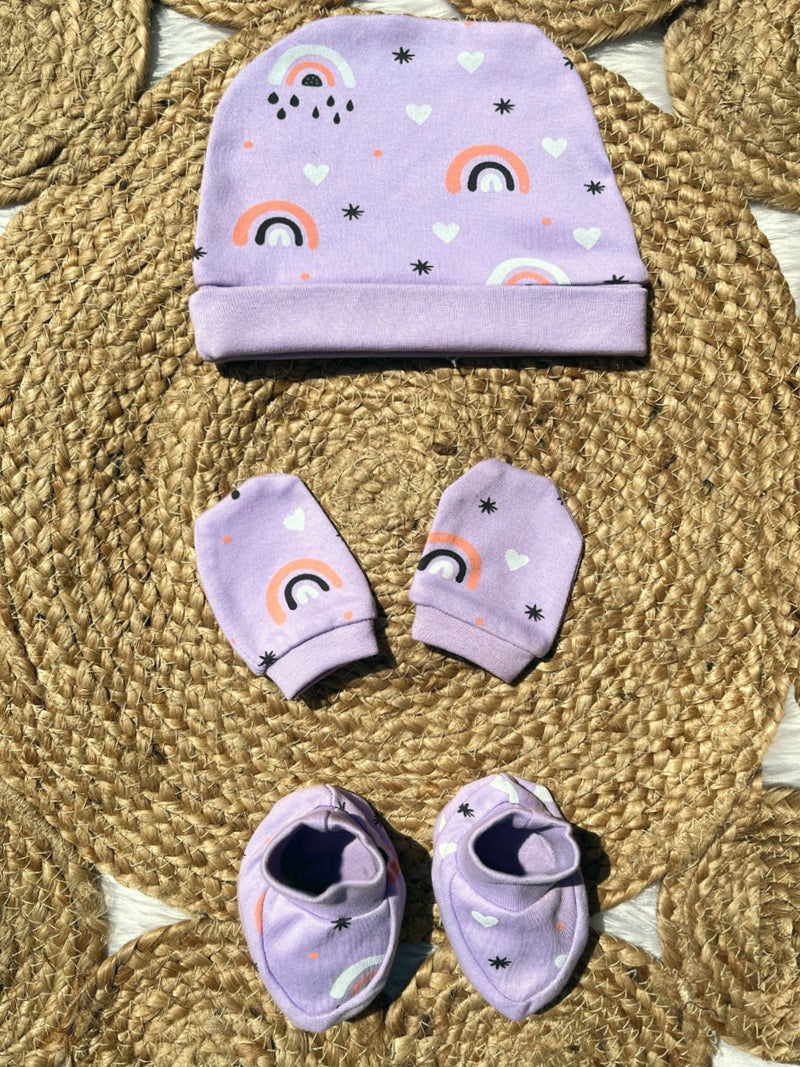 Lavender Twinkle - Mittens, Booties and Cap set