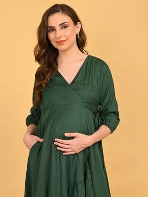 Leaf Me Breathless Maternity Wrap Dress angled upper-body portrait highlighting wrap neckline and elegant fit.
