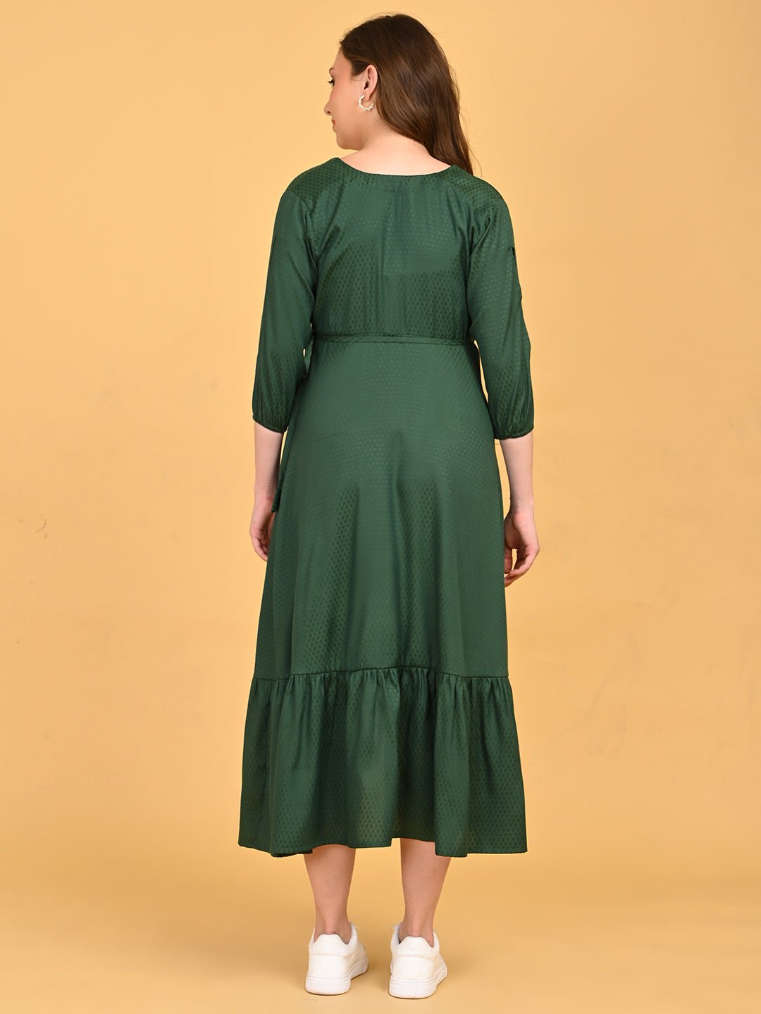 Leaf Me Breathless Maternity Wrap Dress back view showing relaxed fit, three-quarter sleeves, and gathered midi ruffle hem.