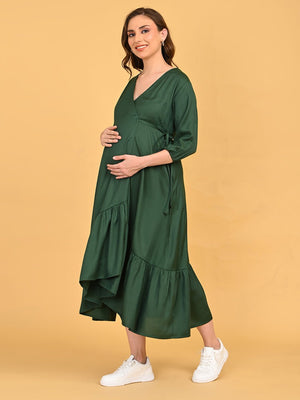 Leaf Me Breathless Maternity Wrap Dress angled walking pose displaying layered asymmetrical hem and flowy movement.
