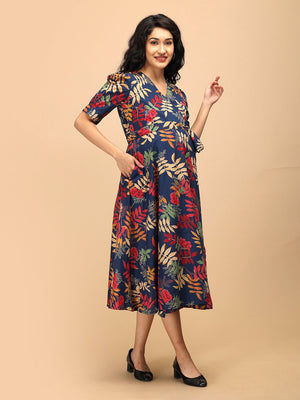 Side view of a navy blue floral maternity and nursing wrap dress highlighting the wrap design and midi length.