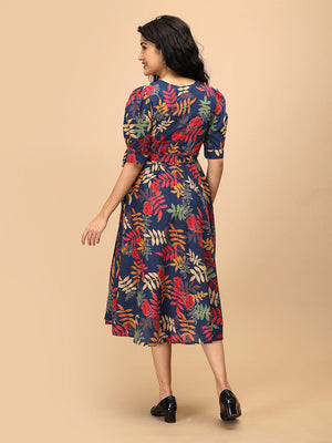 Back view of a navy blue floral maternity and nursing wrap dress with leafy print and fitted waist.