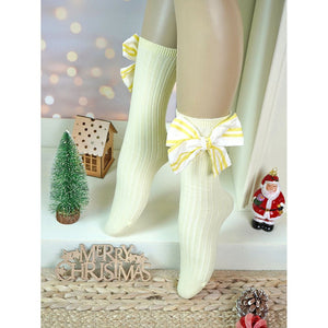 Lemon Yellow Striped 3d Big Bow Socks for Kids - 