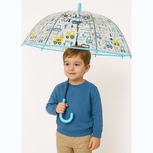 Light Blue Dome style construction theme Transparent Umbrella for Kids, 1 - 5years - Monsoon Wear