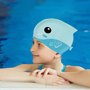 Light Blue Fin Dual Color , Silicone Kids Swim Cap, 5 years - 15 years - 5 - 15 years Swim