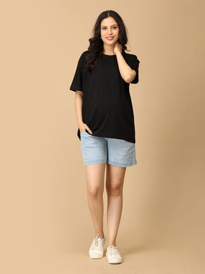 Light Blue Maternity Denim Shorts With Belly Support - MDD - KS - LITB - S