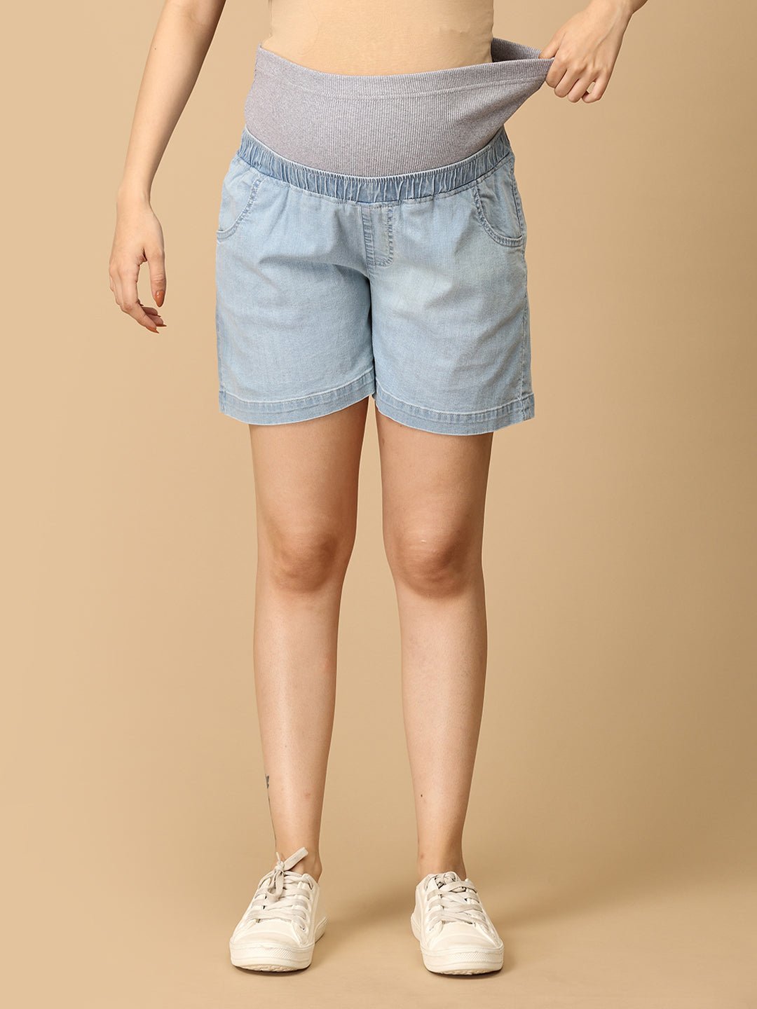 Light Blue Maternity Denim Shorts With Belly Support - MDD - KS - LITB - S