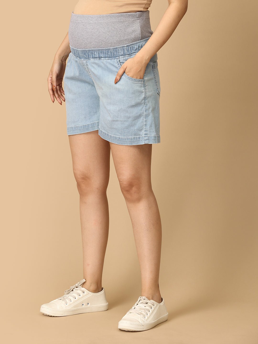 Light Blue Maternity Denim Shorts With Belly Support - MDD - KS - LITB - S