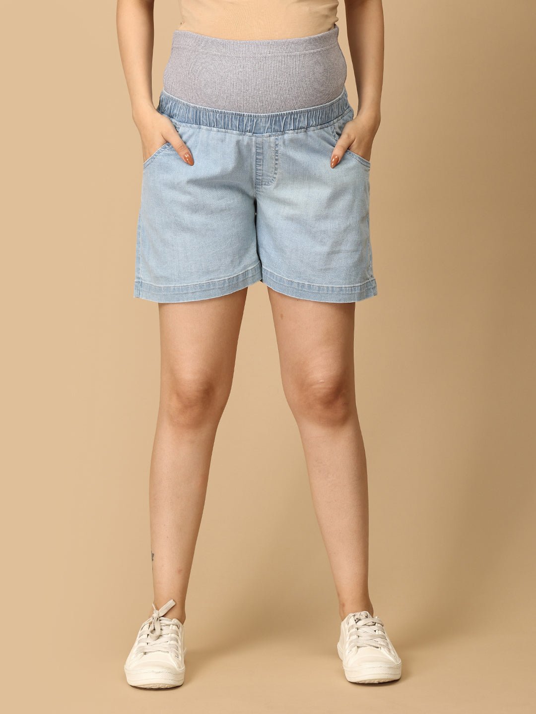 Light Blue Maternity Denim Shorts With Belly Support - MDD - KS - LITB - S