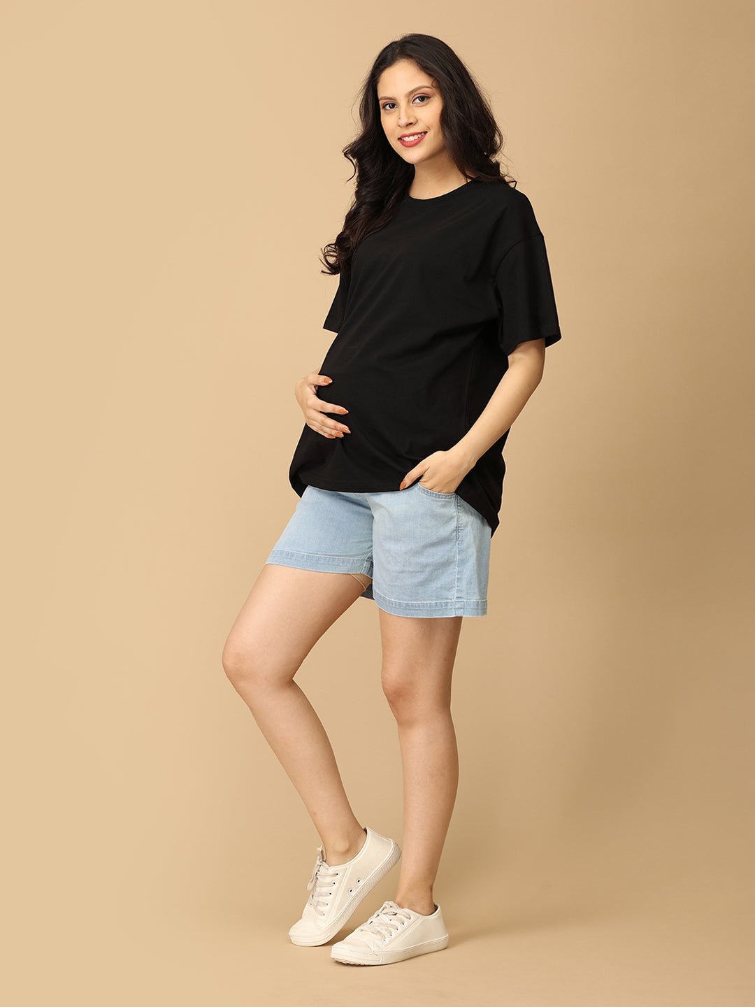 Light Blue Maternity Denim Shorts With Belly Support - MDD - KS - LITB - S