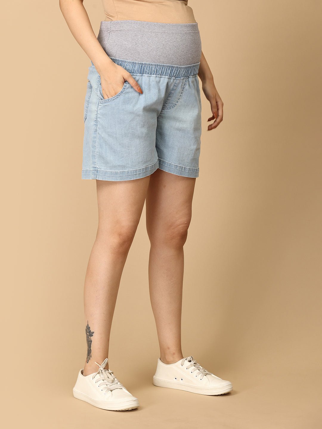 Light Blue Maternity Denim Shorts With Belly Support - MDD - KS - LITB - S