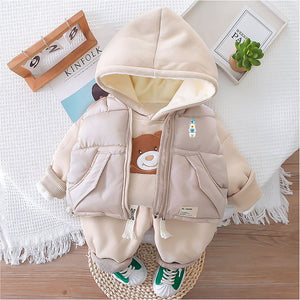 Light Brown Puffer Jacket And Matching Track Suit 3 Pcs Winterwear Set For Toddlers And Kids - 3 - 4 Years Kids Clothing