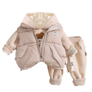 Light Brown Puffer Jacket And Matching Track Suit 3 Pcs Winterwear Set For Toddlers And Kids - 3 - 4 Years Kids Clothing