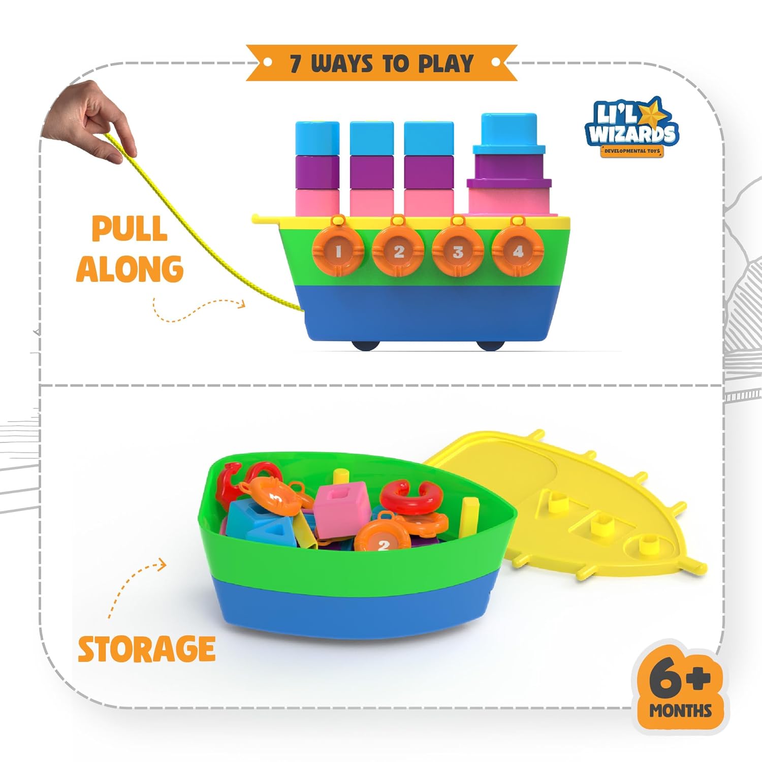 Li'l Wizards 7 - in - 1 Pull - Along Ship Station - Stacker