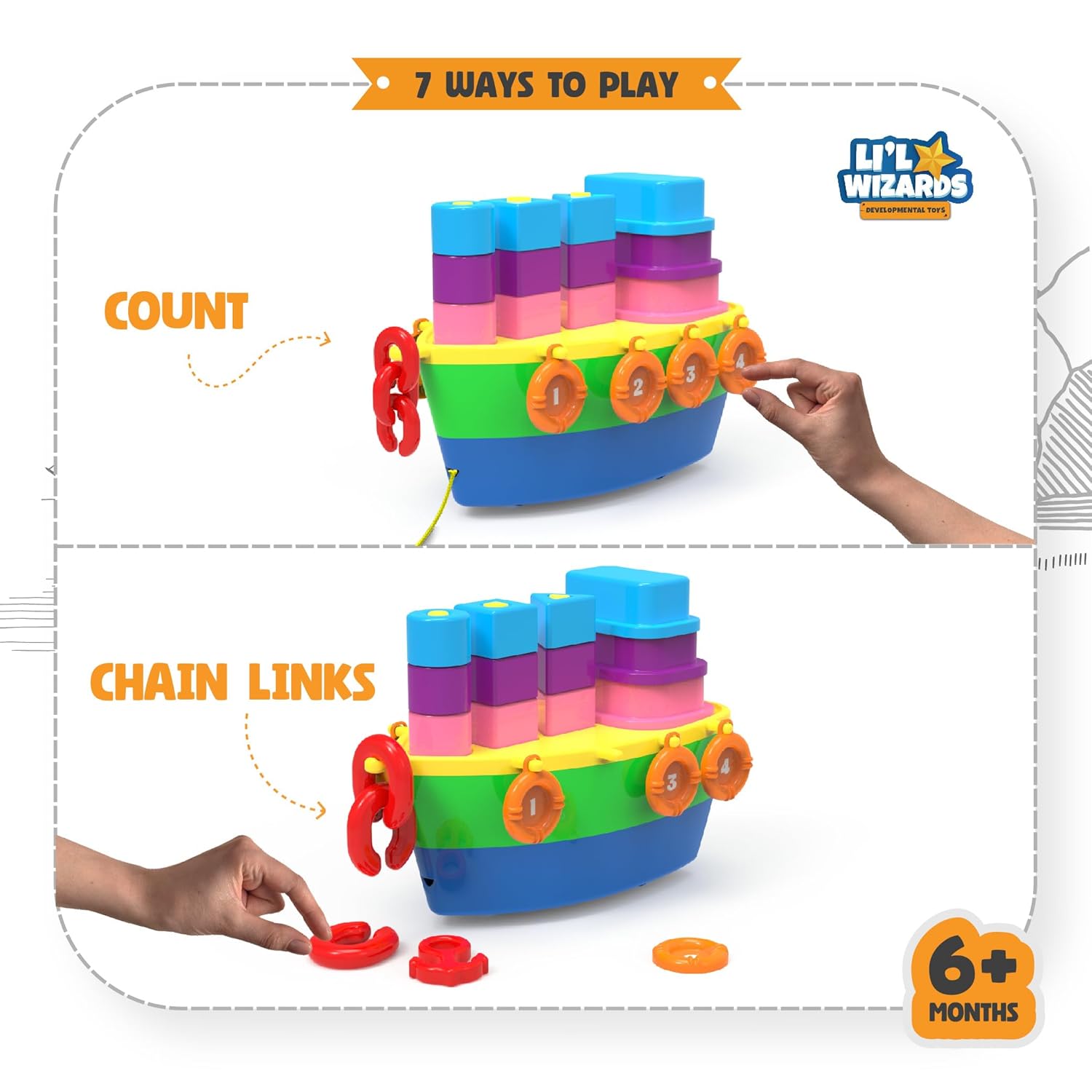 Li'l Wizards 7 - in - 1 Pull - Along Ship Station - Stacker