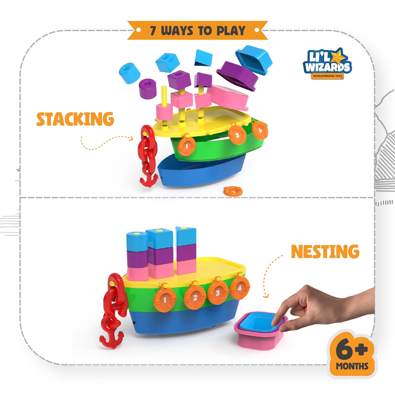 Li'l Wizards 7 - in - 1 Pull - Along Ship Station - Stacker