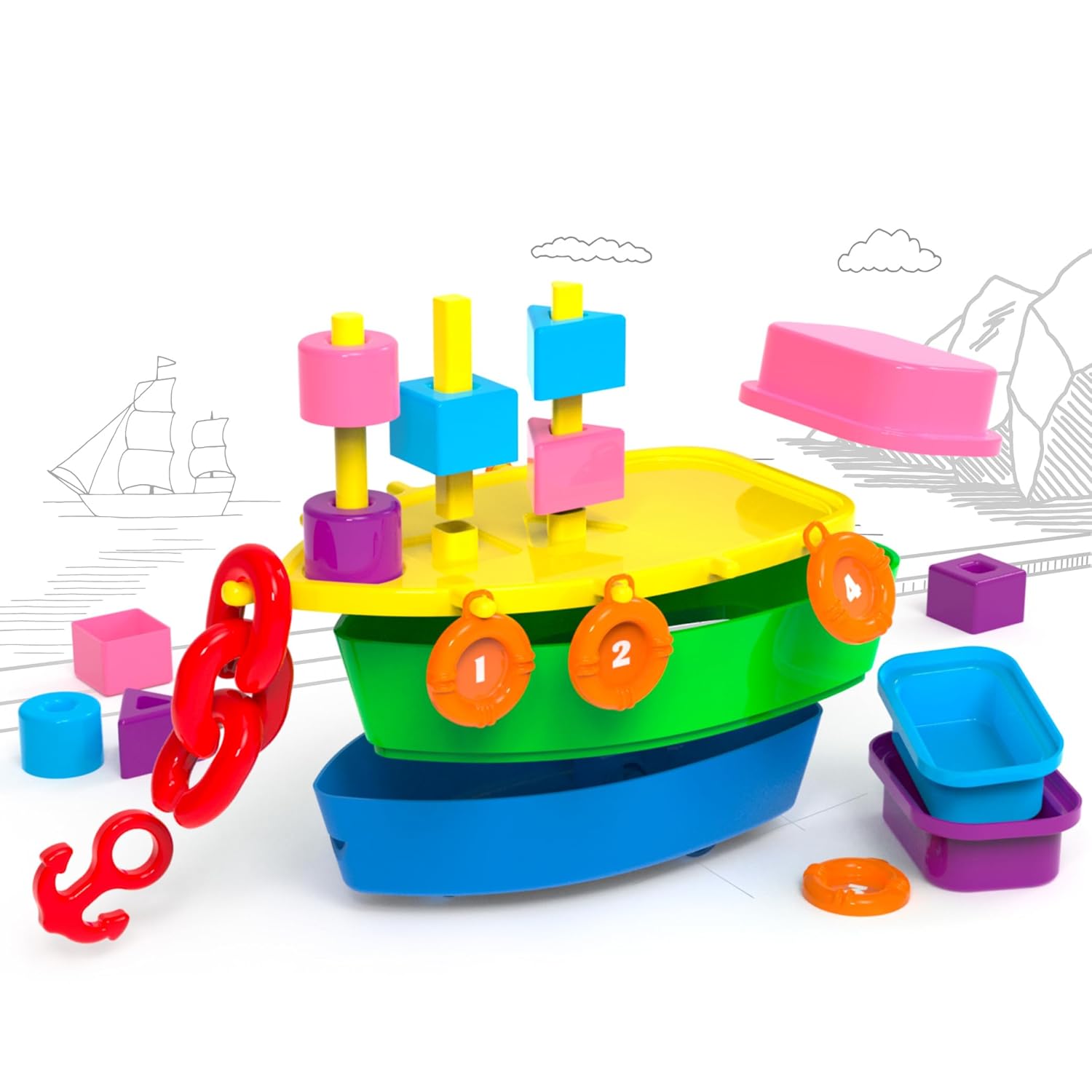 Li'l Wizards 7 - in - 1 Pull - Along Ship Station - Stacker