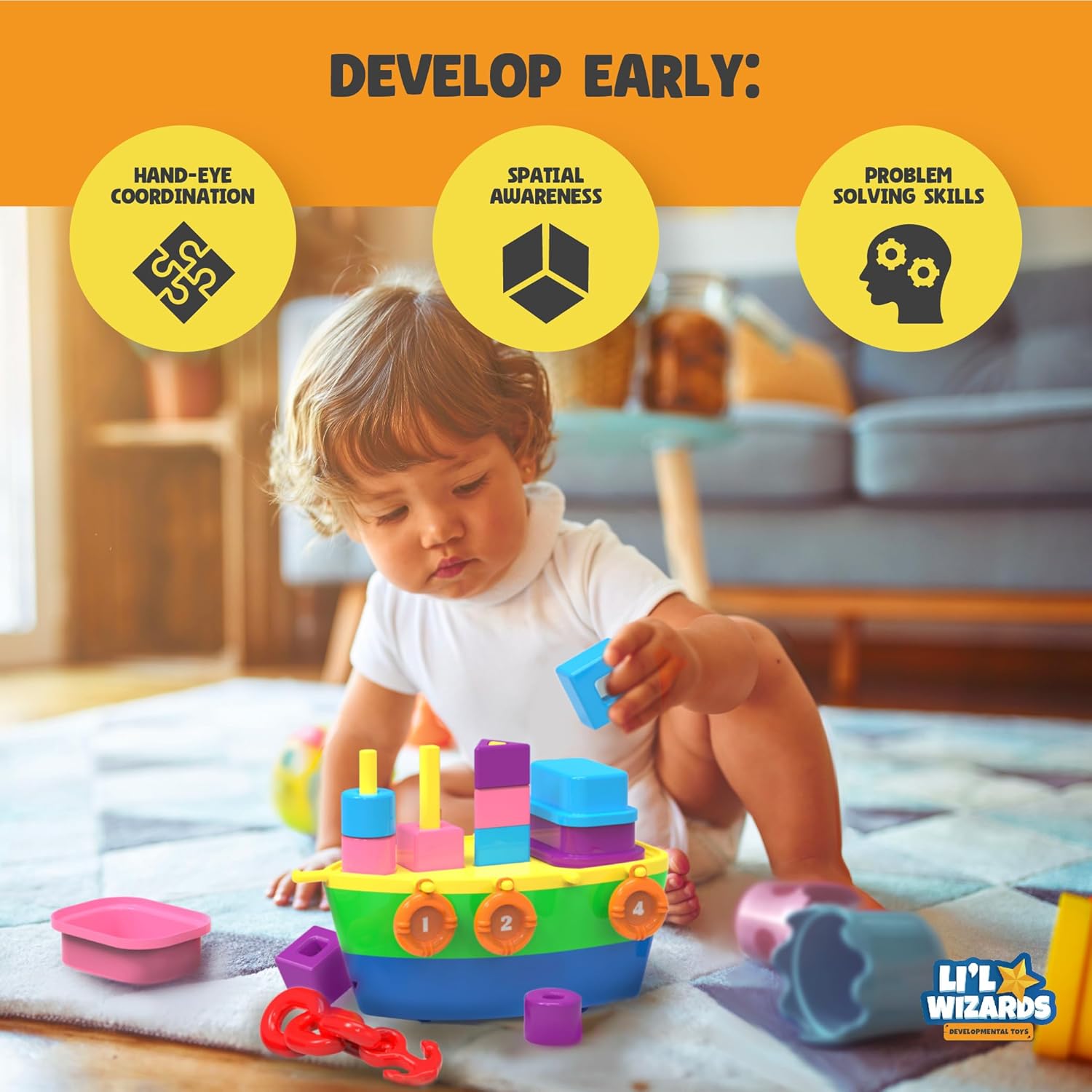 Li'l Wizards 7 - in - 1 Pull - Along Ship Station - Stacker