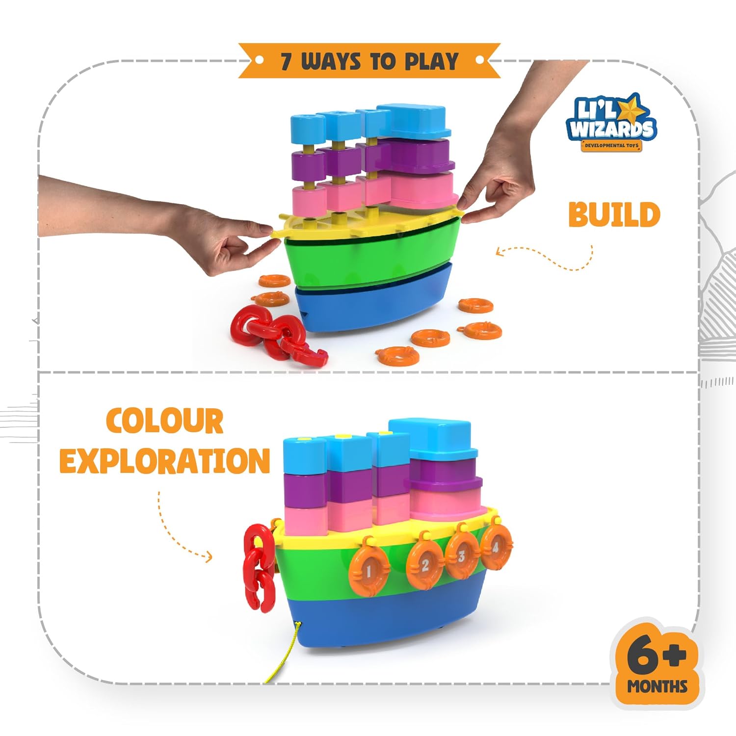 Li'l Wizards 7 - in - 1 Pull - Along Ship Station - Stacker