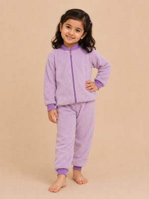 Lilac Fluffies Kids Fleece Zipper Jacket & Sweatpants Night Suit - 6-12 Months Kids Winter Set