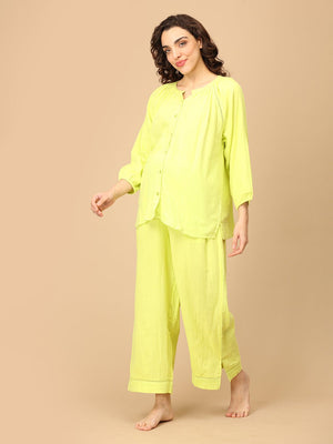 Playful pose by model wearing Lime - o - Clock Maternity and Nursing Nightwear Set from the mom store