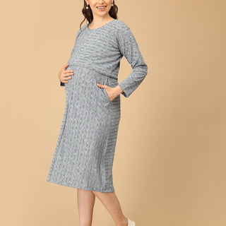 Stylish maternity and nursing dress with shrug, made from soft, breathable fabric. Features a hidden zipper for easy nursing access, sleeveless inner dress, and detachable long-sleeve shrug. Designed for comfort and versatility during and after pregnancy. Includes convenient pockets and offers a flattering fit for everyday wear.