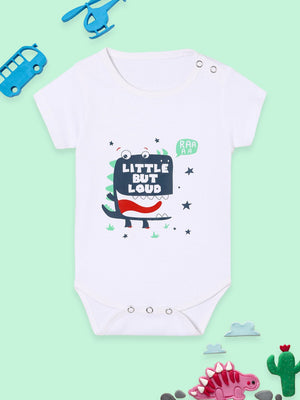 Top view of a white Little But Loud Baby Onesie 