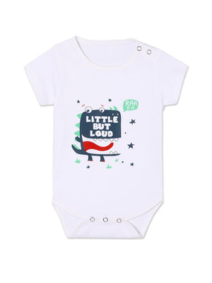 Front view of a white Little But Loud Baby Onesie 