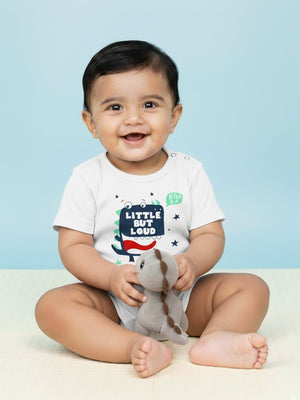 Baby wearing a white Little But Loud Baby Onesie