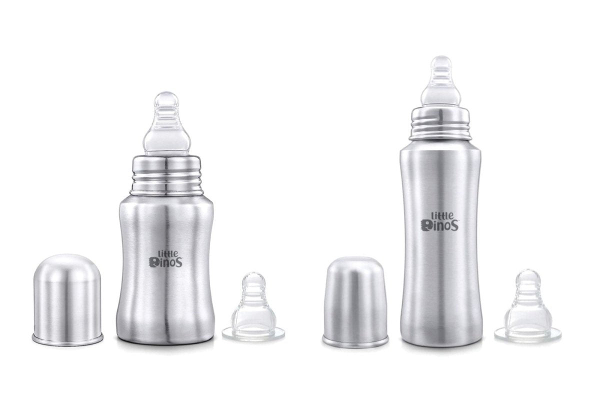 Little dinos stainless steel baby feeding bottle 140ml with 1 extra nipple - LD SSFB 140ML