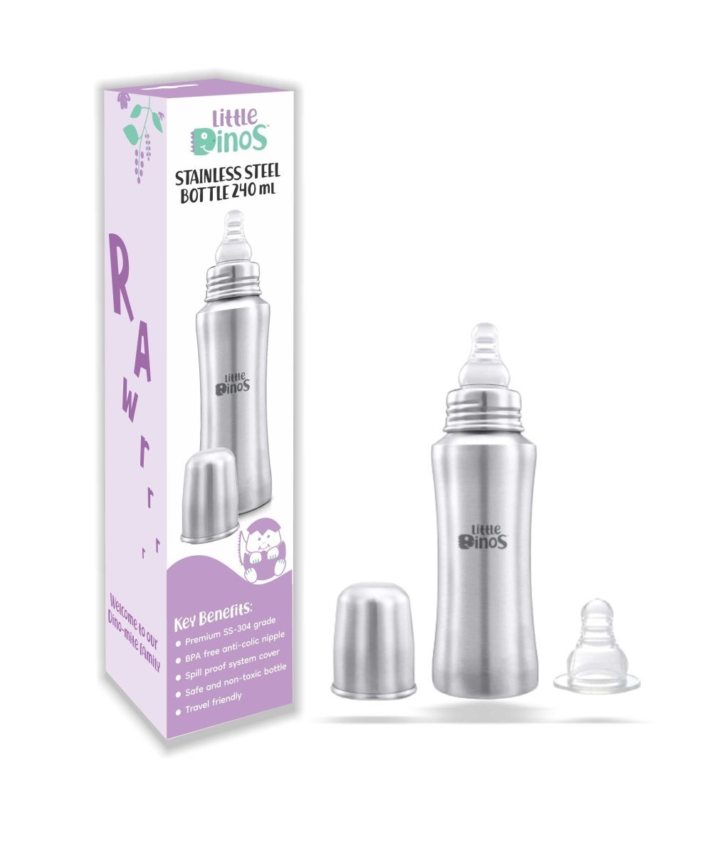 Little Dinos stainless steel baby feeding bottle 240 ml with 1 free nipple - LD SSFB 240ML