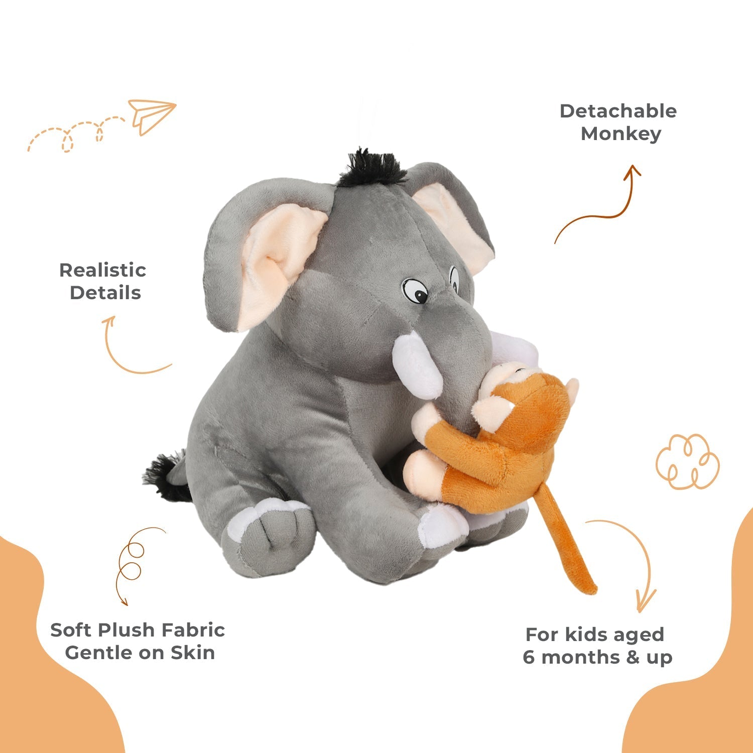 LITTLE Ginnie Elephant Monkey 2 - in - 1 Soft Toy for Kids - Grey & Brown - Plush Toy for Newborn Baby - NK - EL - MON - ST