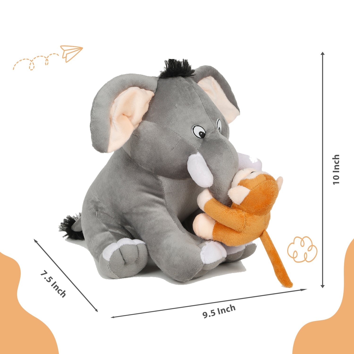 LITTLE Ginnie Elephant Monkey 2 - in - 1 Soft Toy for Kids - Grey & Brown - Plush Toy for Newborn Baby - NK - EL - MON - ST